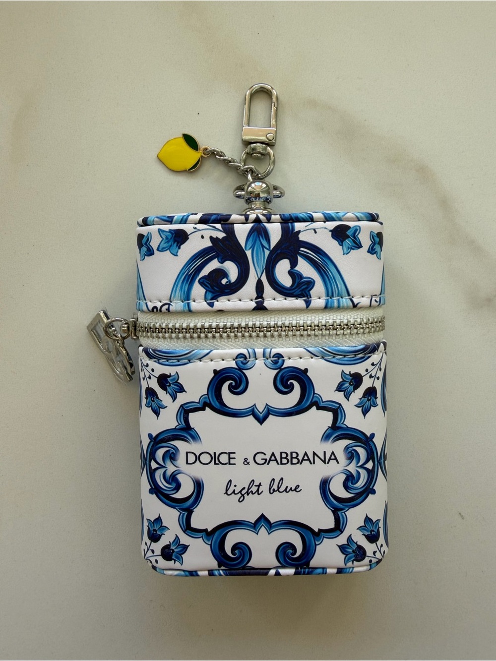 Dolce & Gabbana White and Blue Printed Key Pouch with Lemon Charm